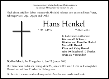 Traueranzeige von Hans Henkel von Neue Presse Coburg