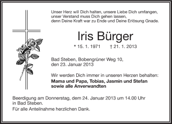 Traueranzeige von Iris Bürger von Frankenpost