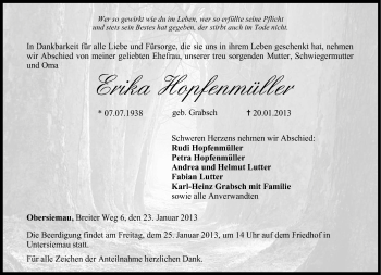 Traueranzeige von Erika Hopfenmüller von Neue Presse Coburg