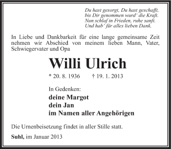 Traueranzeige von Willi Ulrich von Südthüringer Presse