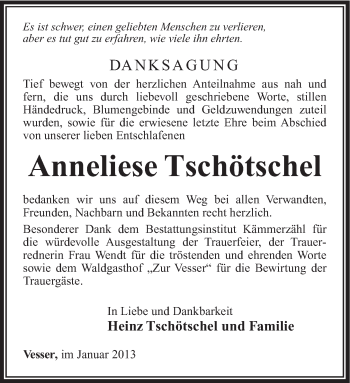 Traueranzeige von Anneliese Tschötschel von Südthüringer Presse
