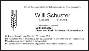 Traueranzeige von Willi Schuster von Neue Presse Coburg