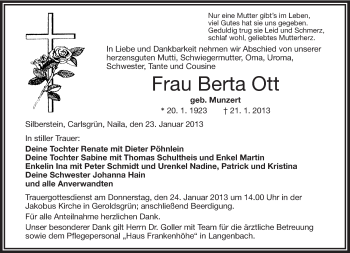 Traueranzeige von Berta Ott von Frankenpost