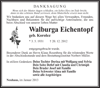 Traueranzeige von Walburga Eichentopf von Südthüringer Presse