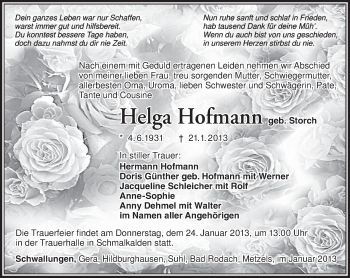 Traueranzeige von Helga Hofmann von Südthüringer Presse