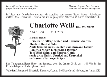 Traueranzeige von Charlotte Weiß von Südthüringer Presse