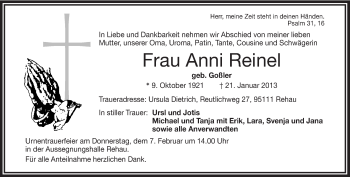 Traueranzeige von Anni Reinel von Frankenpost