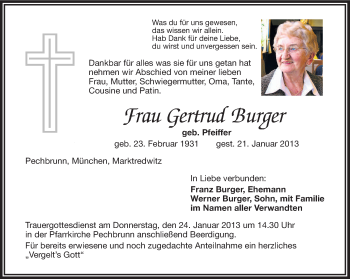 Traueranzeige von Gertrud Burger von Frankenpost