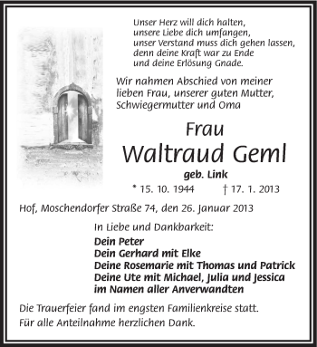 Traueranzeige von Waltlraud Geml von Frankenpost