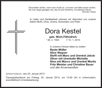 Traueranzeige von Dora Kestel von Neue Presse Coburg