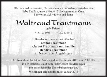 Traueranzeige von Waltraut Trautmann von Südthüringer Presse
