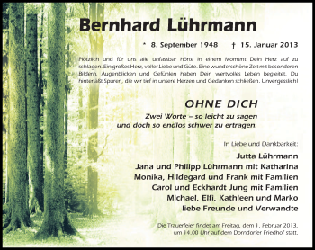 Traueranzeige von Bernhard Lührmann von Südthüringer Presse