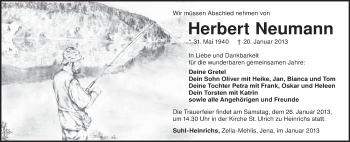 Traueranzeige von Herbert Neumann von Südthüringer Presse