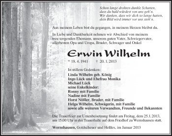 Traueranzeige von Erwin Wilhelm von Südthüringer Presse