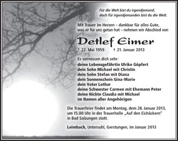 Traueranzeige von Detlef Eimer von Südthüringer Presse