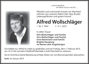 Traueranzeige von Alfred Wollschläger von Südthüringer Presse