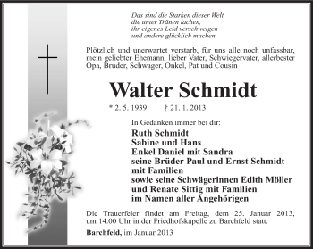 Traueranzeige von Walter Schmidt von Südthüringer Presse
