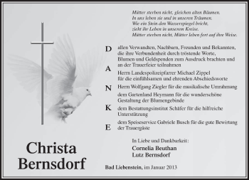 Traueranzeige von Christa Bernsdorf von Südthüringer Presse