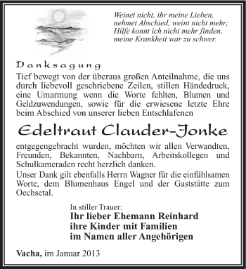 Traueranzeige von Edeltraut Clauder-Jonke von Südthüringer Presse