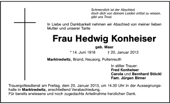 Traueranzeige von Hedwig Konheiser von Frankenpost