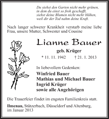 Traueranzeige von Lianne Bauer von Südthüringer Presse