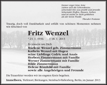 Traueranzeige von Fritz Wenzel von Südthüringer Presse