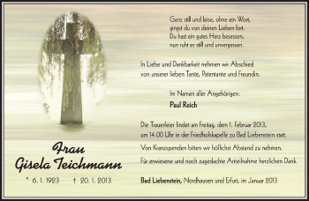 Traueranzeige von Gisela Teichmann von Südthüringer Presse