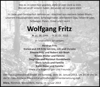 Traueranzeige von Wolfgang Fritz von Südthüringer Presse