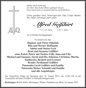 Traueranzeige von Alfred Geißhirt von Südthüringer Presse