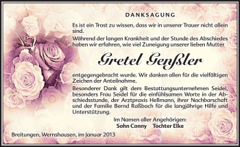 Traueranzeige von Gretel Genßler von Südthüringer Presse