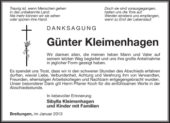 Traueranzeige von Günter Kleimenhagen von Südthüringer Presse