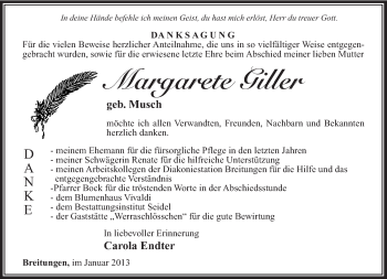 Traueranzeige von Margarete Giller von Südthüringer Presse