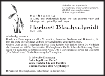 Traueranzeige von Herbert Blechschmidt von Südthüringer Presse