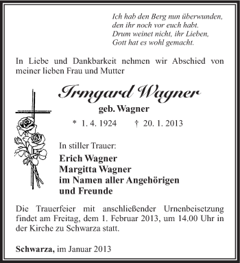 Traueranzeige von Irmgard Wagner von Südthüringer Presse