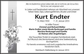 Traueranzeige von Kurt Endter von Südthüringer Presse
