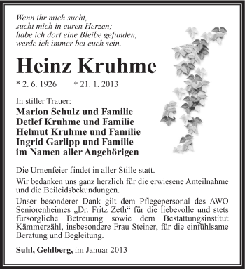 Traueranzeige von Heinz Kruhme von Südthüringer Presse