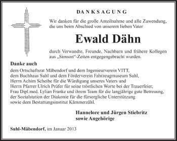 Traueranzeige von Ewald Dähn von Südthüringer Presse