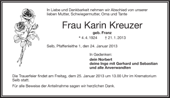 Traueranzeige von Karin Kreuzer von Frankenpost