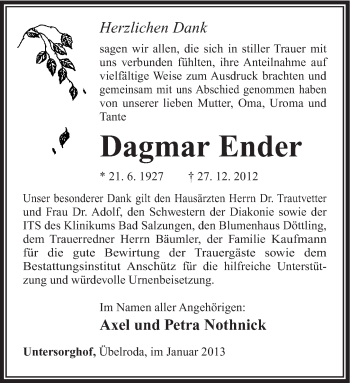 Traueranzeige von Dagmar Ender von Südthüringer Presse