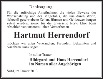 Traueranzeige von Hartmut Herrendorf von Südthüringer Presse