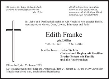 Traueranzeige von Edith Franke von Neue Presse Coburg