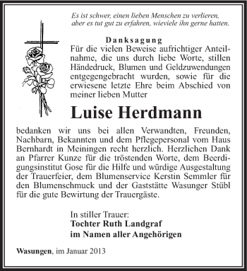 Traueranzeige von Luise Herdmann von Südthüringer Presse
