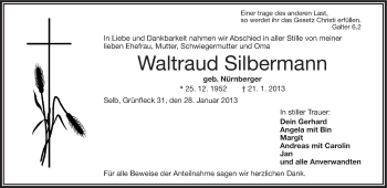 Traueranzeige von Waltraud Silbermann von Frankenpost