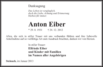 Traueranzeige von Anton Eiber von Südthüringer Presse