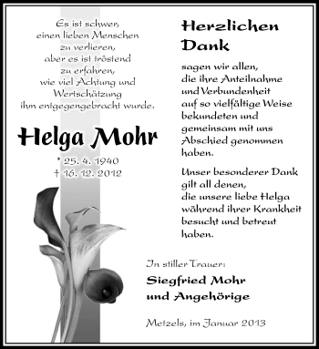 Traueranzeige von Helga Mohr von Südthüringer Presse
