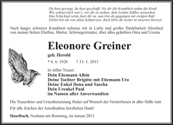 Traueranzeige von Eleonore Greiner von Südthüringer Presse