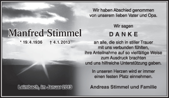 Traueranzeige von Manfred Stimmel von Südthüringer Presse