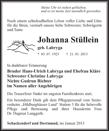 Traueranzeige von Johanna Stüllein von Südthüringer Presse