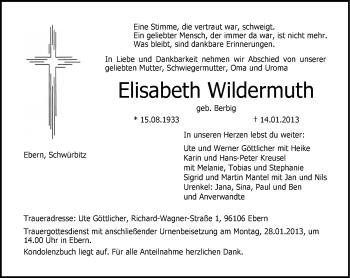 Traueranzeige von Elisabeth Wildermuth von Neue Presse Coburg