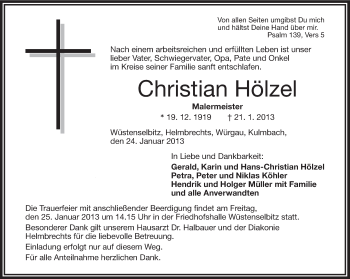 Traueranzeige von Christian Hölzel von Frankenpost